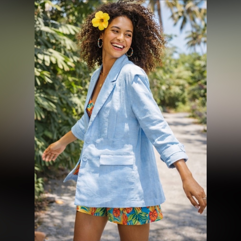 NWT FARM Rio Light Blue Pleated Linen Blazer Size S